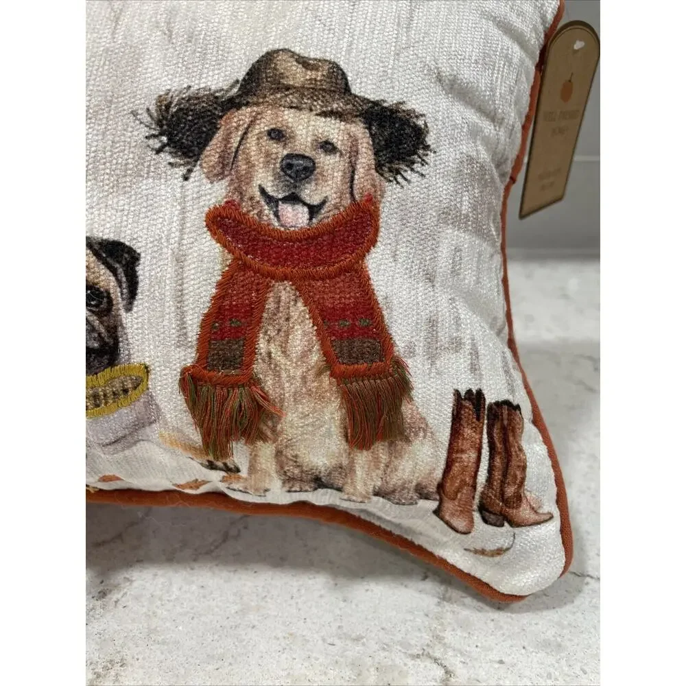 GOLDEN RETRIEVER & PUG DOGS in Cowboy Hats Scarves w/ Boots & Fall Dog Pillow